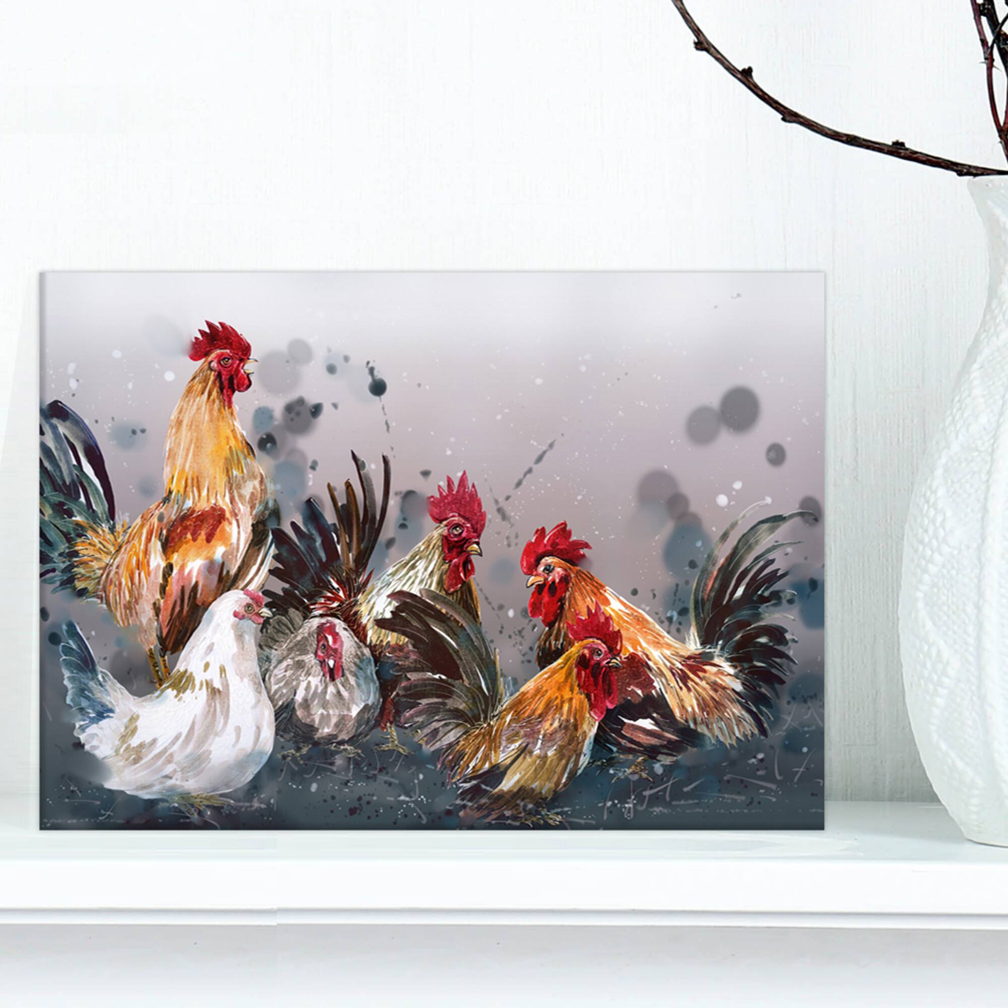 Designart - Group of Rooster in Gray Farm background